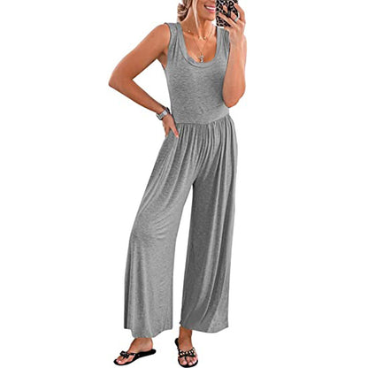 Women's Loose-Fit Sleeveless Stretch Jumpsuit – Minimalist Casual Style Gray Green Navy S–3XL