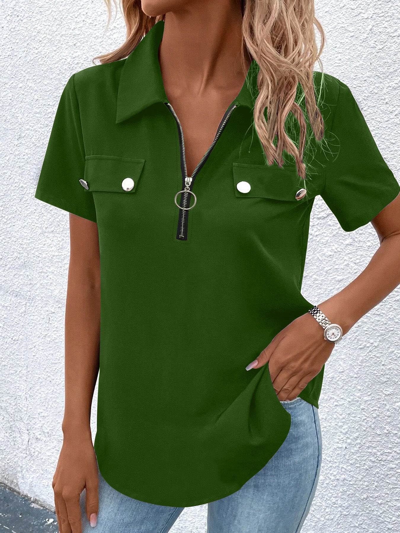 Women's Button Detail Casual T-Shirt – Regular Fit Spandex Top