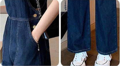Women's High-Waist Dark Denim Overalls with Black Vest – Dark Blue S–2XL