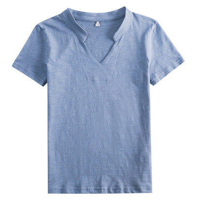 Women's Loose V-Neck Slub Cotton T-Shirt – Casual Summer Tee in 4 Colors (S-3XL)