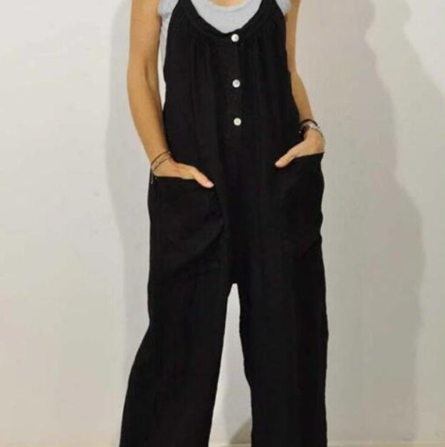 Women's Cotton Romper with Pockets – Elastic Waist Button Detail S–5XL