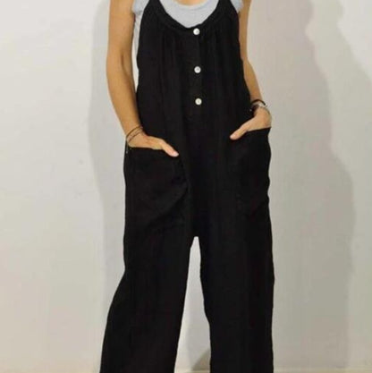 Women's Cotton Romper with Pockets – Elastic Waist Button Detail S–5XL