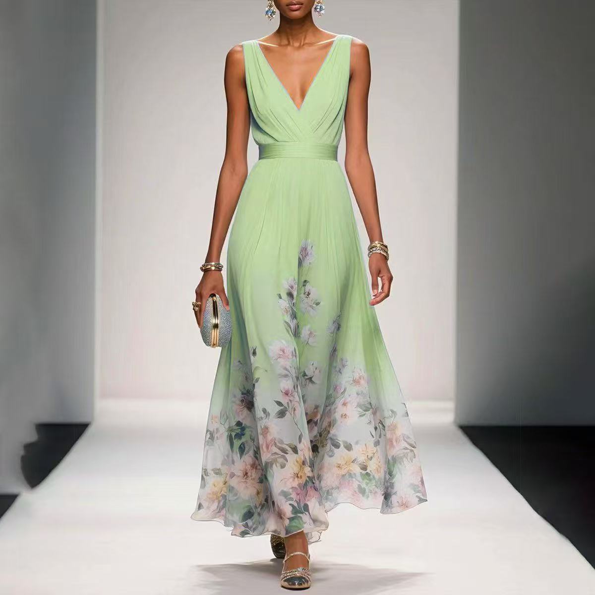 Women's Elegant V-Neck Sleeveless Maxi Evening Gown – High Waist Long Dress