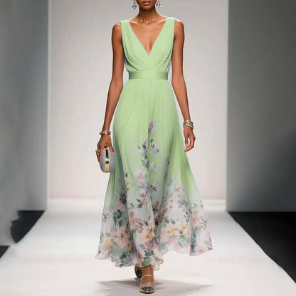 Women's Elegant V-Neck Sleeveless Maxi Evening Gown – High Waist Long Dress