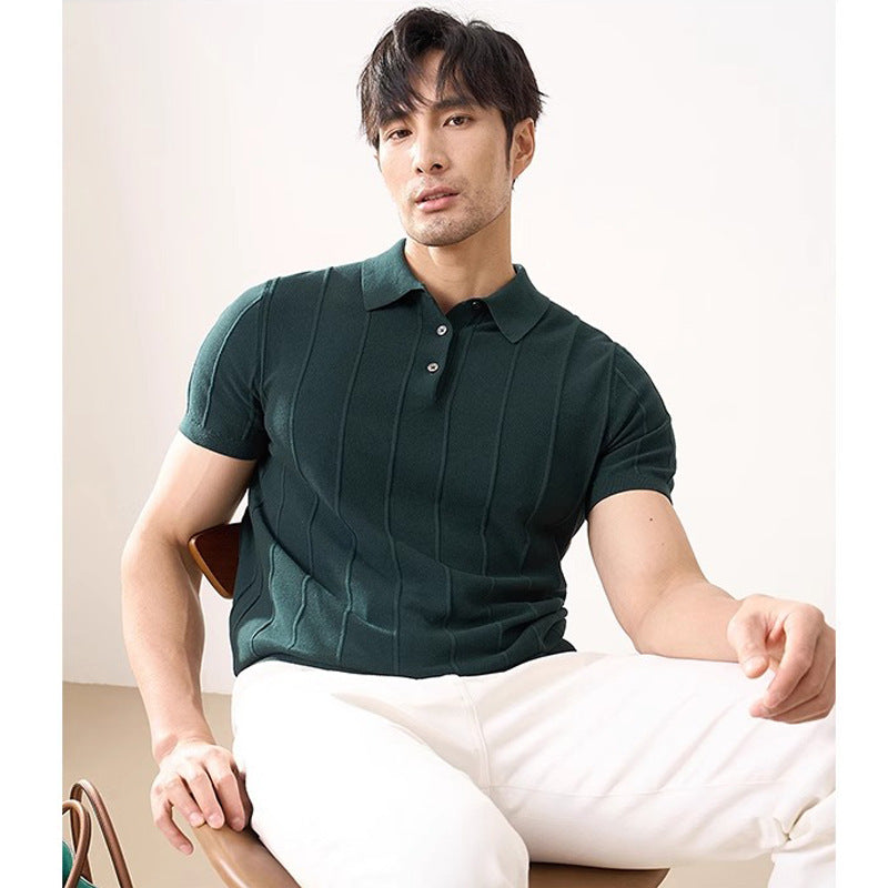 Men's Short Sleeve Knit Polo Shirt – Slim Fit Vertical Stripe Business Casual