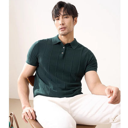 Men's Short Sleeve Knit Polo Shirt – Slim Fit Vertical Stripe Business Casual