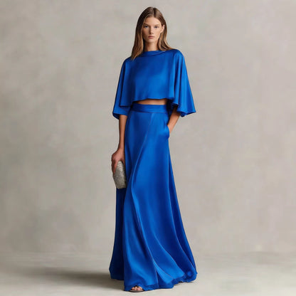 Women's Satin Patchwork Two-Piece Set – Three-Quarter Sleeve Top & Skirt