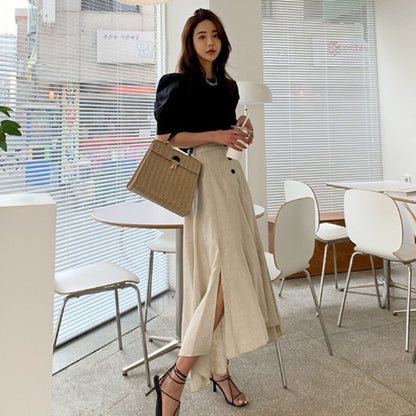 Women's Cotton Linen Irregular Hem Maxi Skirt – Natural Hemp Color S–L