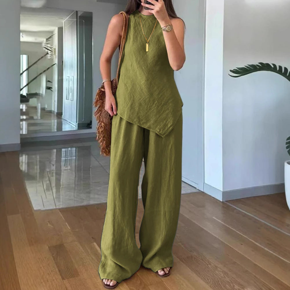 Women's Casual Sleeveless Crew-Neck Two-Piece Set with Pockets