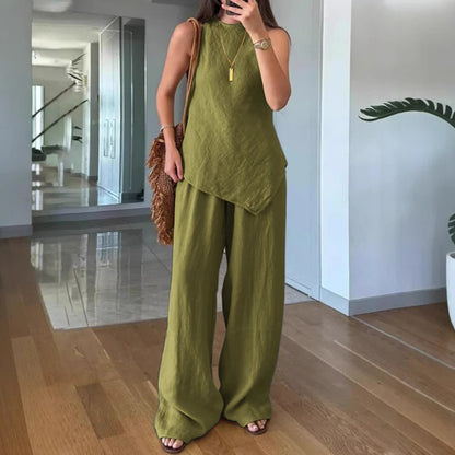 Women's Casual Sleeveless Crew-Neck Two-Piece Set with Pockets