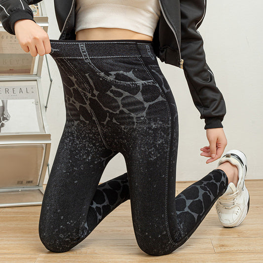 Women's Leopard Print Denim-Look Stretch Leggings