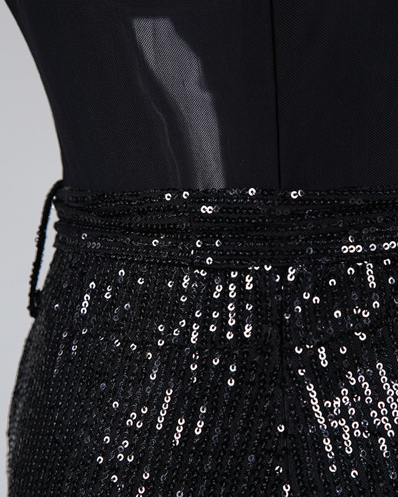 Women's Deep V Sequined Jumpsuit – Full Length Glam Black