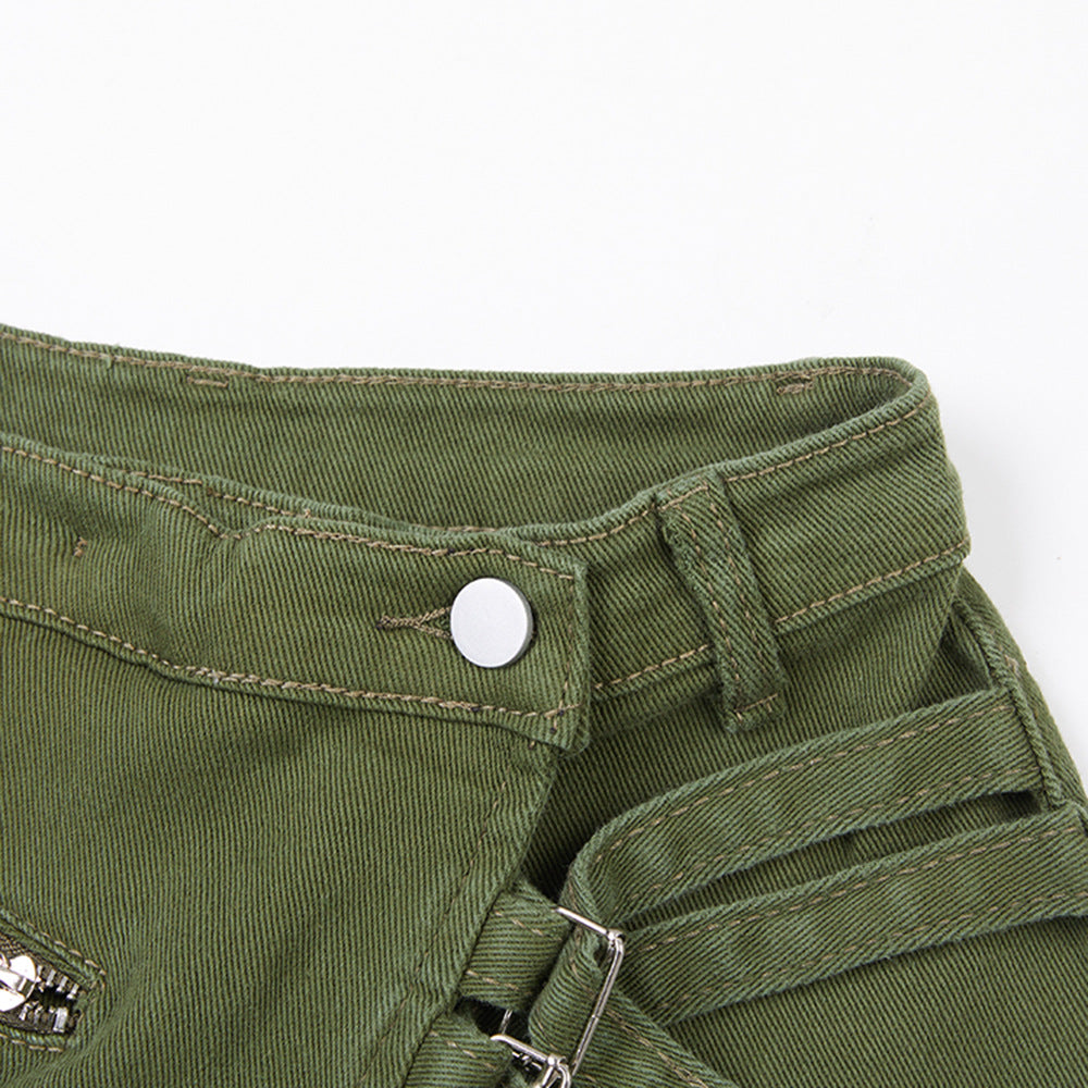 Women's Mid-Waist Cotton Denim Hot Pants – Belt Loop Detail in Green & Black S–XL