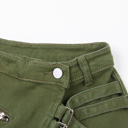 Women's Mid-Waist Cotton Denim Hot Pants – Belt Loop Detail in Green & Black S–XL