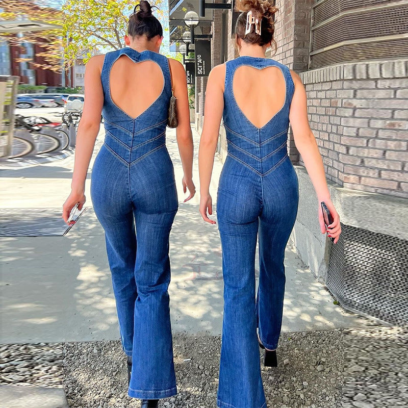 Women's High-Waist Slim Fit Retro Denim Jumpsuit – Classic Blue