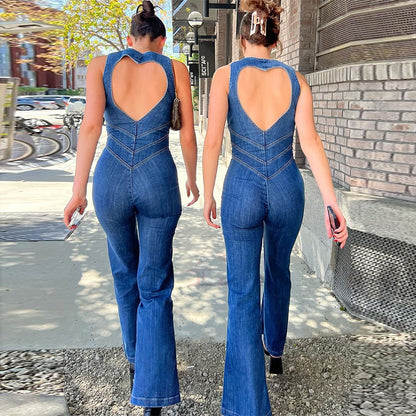 Women's High-Waist Slim Fit Retro Denim Jumpsuit – Classic Blue