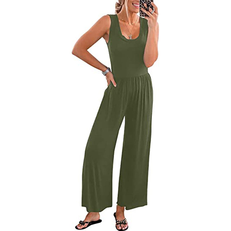 Women's Loose-Fit Sleeveless Stretch Jumpsuit – Minimalist Casual Style Gray Green Navy S–3XL