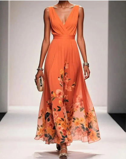 Women's Elegant V-Neck Sleeveless Maxi Evening Gown – High Waist Long Dress