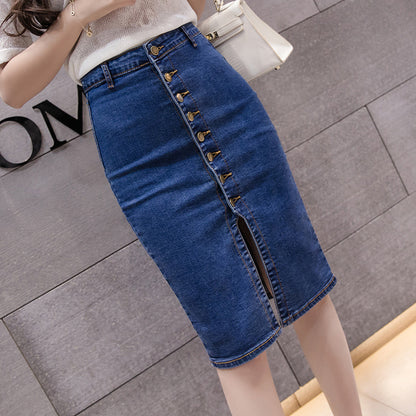 Women's Button-Front Mid-Length Denim Skirt – Mulberry Silk Blend Sweet Style S–2XL