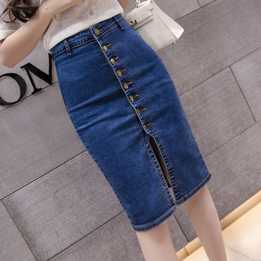 Women's Button-Front Mid-Length Denim Skirt – Mulberry Silk Blend Sweet Style S–2XL