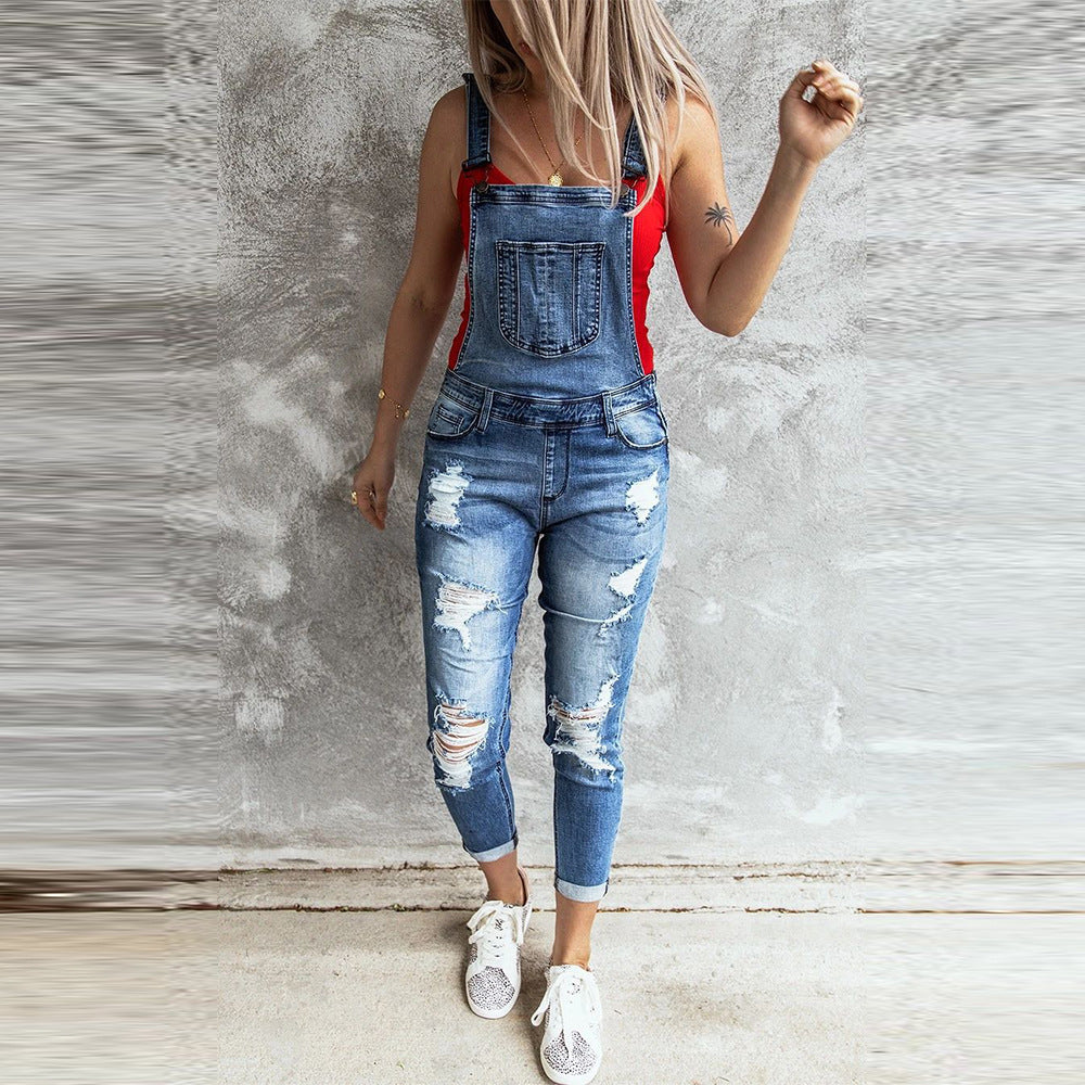 Women's High-Waist Ripped Denim Overalls