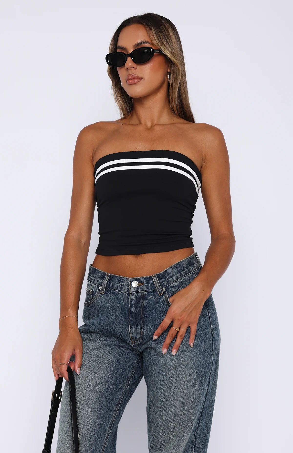 Women's Contrast Color Striped Tube Top – Slim Fit Knit Street Style (Black & Red, S-XL)