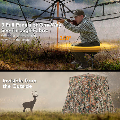 360° One-Way See-Through Pop-Up Hunting Blind – 82"x82" Camouflage Ground Blind for Deer & Turkey