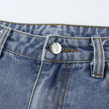 Women's High-Waist Washed Jeans – Light Blue Streetwear Denim with Chain Detail S-L