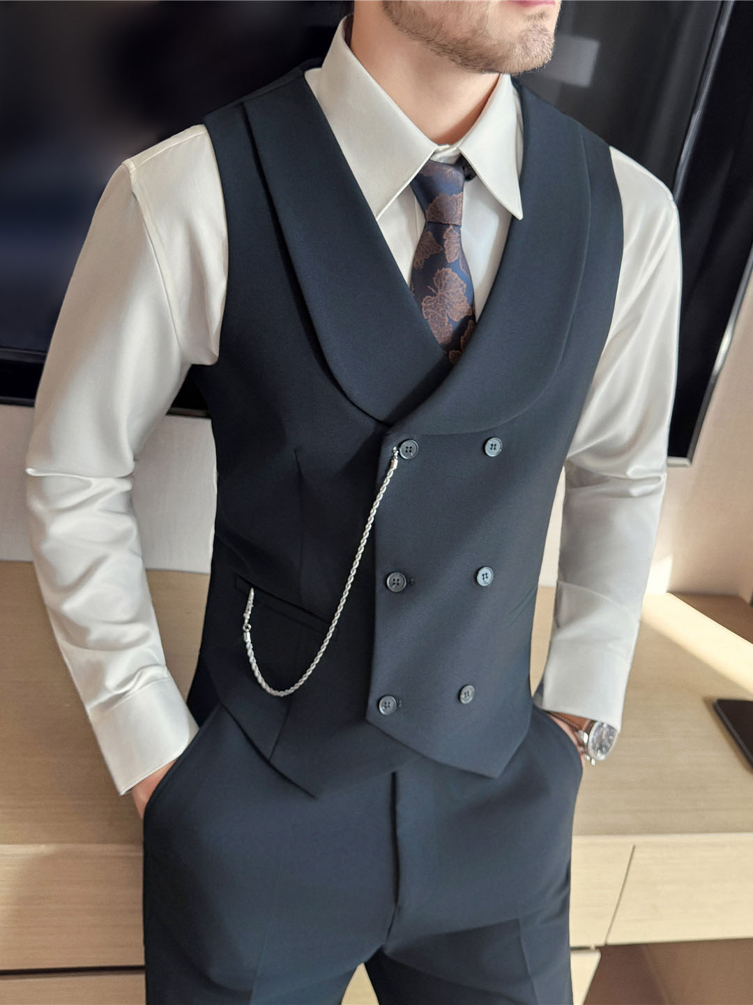 Men's Double-Breasted Shawl Collar Vest – Elegant Yarn-Dyed Waistcoat