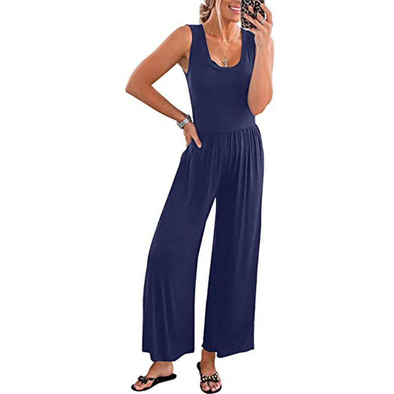 Women's Loose-Fit Sleeveless Stretch Jumpsuit – Minimalist Casual Style Gray Green Navy S–3XL