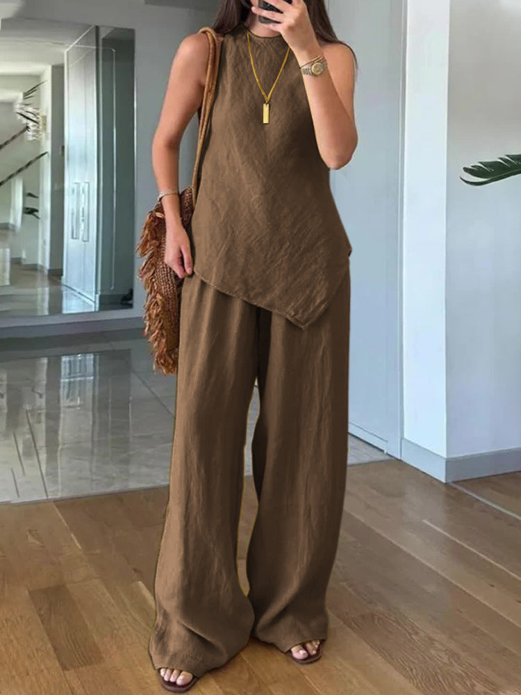 Women's Casual Sleeveless Crew-Neck Two-Piece Set with Pockets
