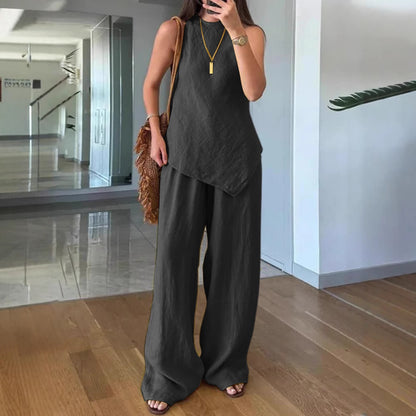 Women's Casual Sleeveless Crew-Neck Two-Piece Set with Pockets