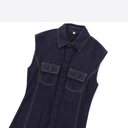Women's Sleeveless Denim Lapel Shirt – String Detail Street Style