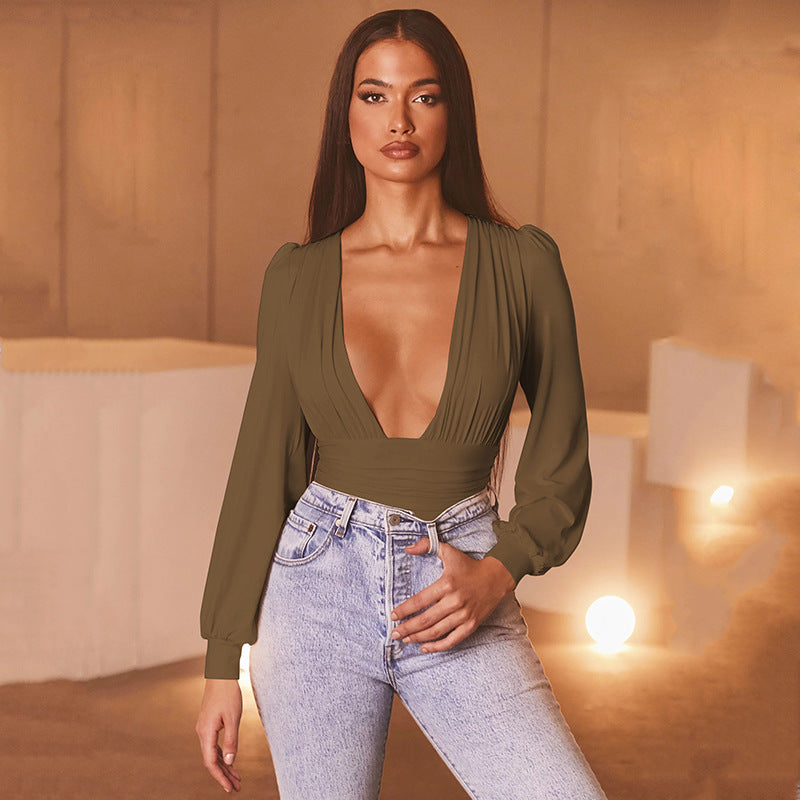 Women's Deep V Long Sleeve Pleated Bodysuit – Body-Shaping Milk Silk