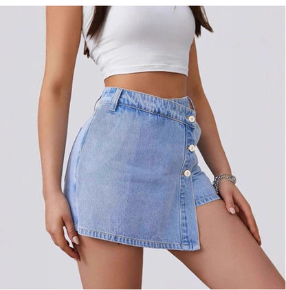 Women's Plus Size High-Waist Denim-Inspired Irregular Hem Shorts – Light Blue XL–4XL
