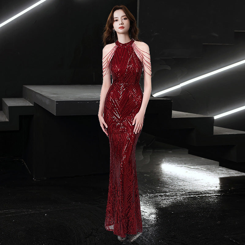 Women's Beaded Sequin Halter Fishtail Evening Gown – Diamond Queen Banquet Dress