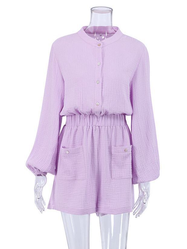 Women's Long Sleeve High Waist Cotton Jumpsuit – Solid Color S–L