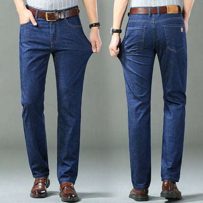 Men's Ice Silk Cotton High-Waist Straight Leg Jeans – Breathable Stretch Denim 28–40