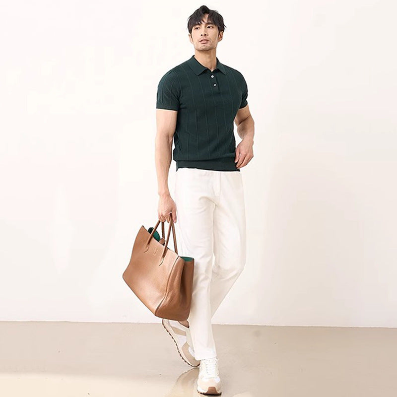 Men's Short Sleeve Knit Polo Shirt – Slim Fit Vertical Stripe Business Casual