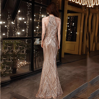 Women's Beaded Sequin Halter Fishtail Evening Gown – Diamond Queen Banquet Dress