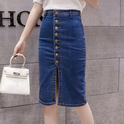 Women's Button-Front Mid-Length Denim Skirt – Mulberry Silk Blend Sweet Style S–2XL