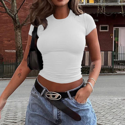 Women's Solid Color Midriff Crop Top – Slim Fit Short Sleeve in 7 Colors (S-XL)