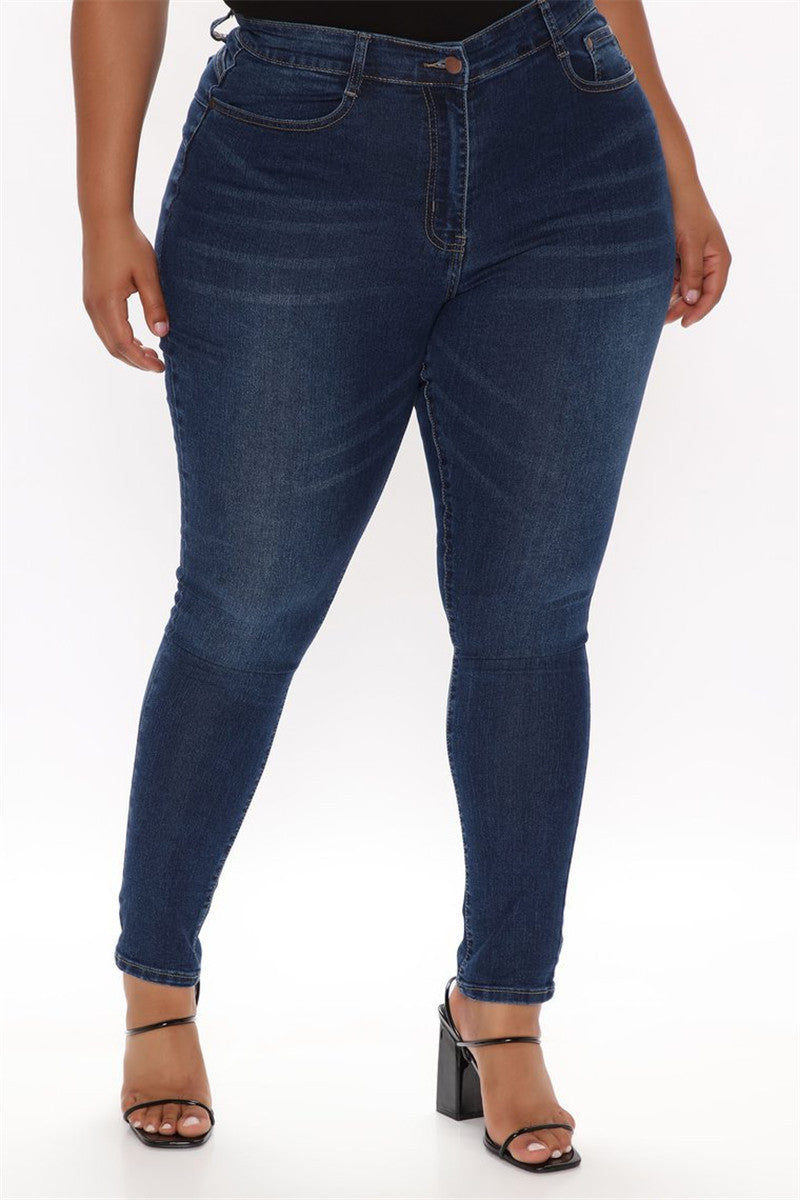 Women's Plus Size High-Waist Stretch Denim Pencil Pants – Slim Fit Blue Jeans
