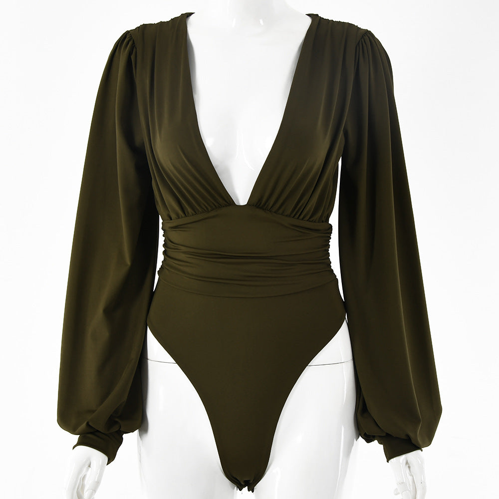 Women's Deep V Long Sleeve Pleated Bodysuit – Body-Shaping Milk Silk