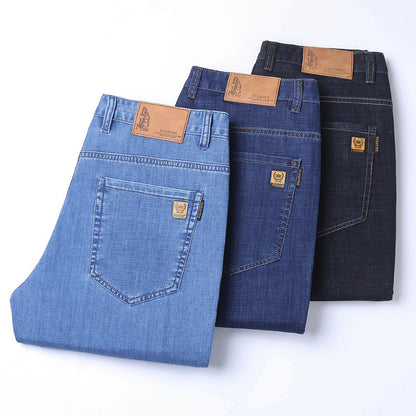 Men's Ice Silk Cotton High-Waist Straight Leg Jeans – Breathable Stretch Denim 28–40