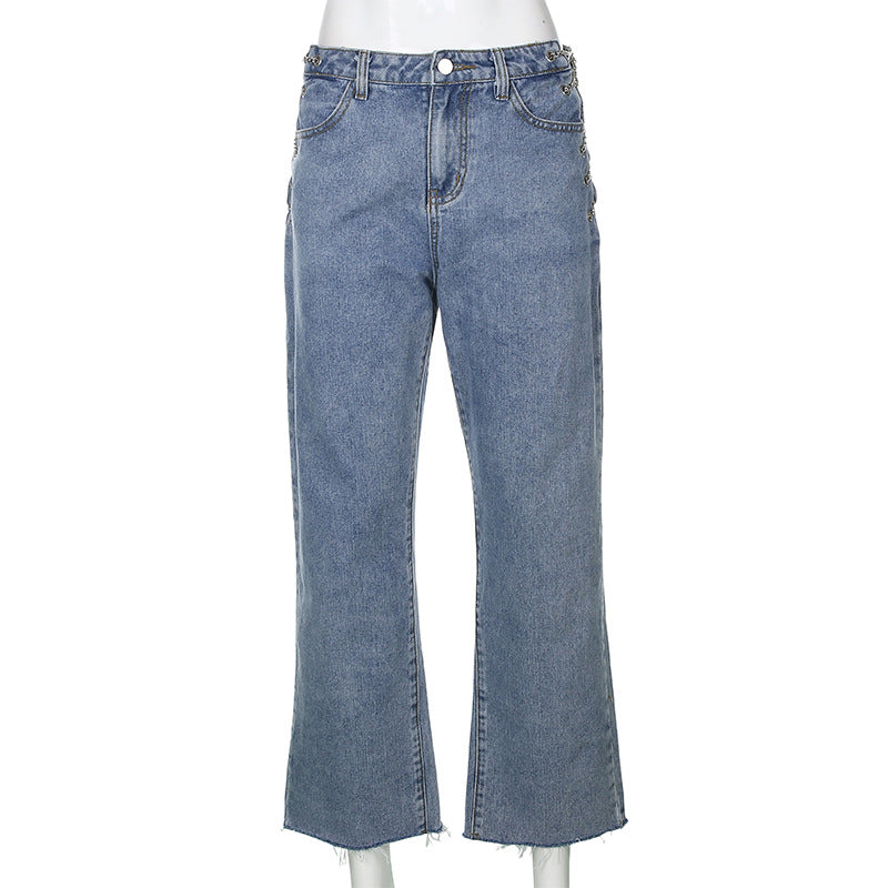 Women's High-Waist Washed Jeans – Light Blue Streetwear Denim with Chain Detail S-L