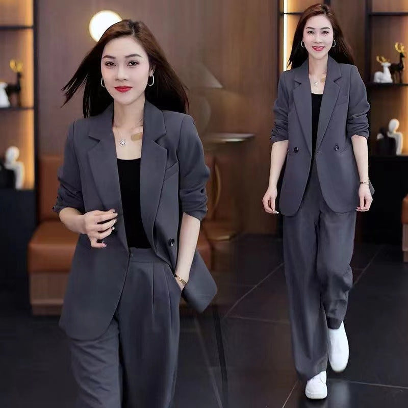 Women's Plus Size Casual Blazer & Wide-Leg Pants Two-Piece Set – Loose Slimming Fit