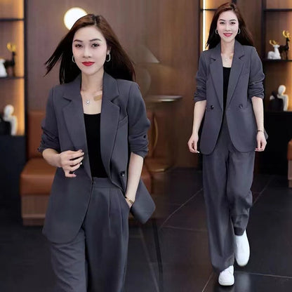 Women's Plus Size Casual Blazer & Wide-Leg Pants Two-Piece Set – Loose Slimming Fit