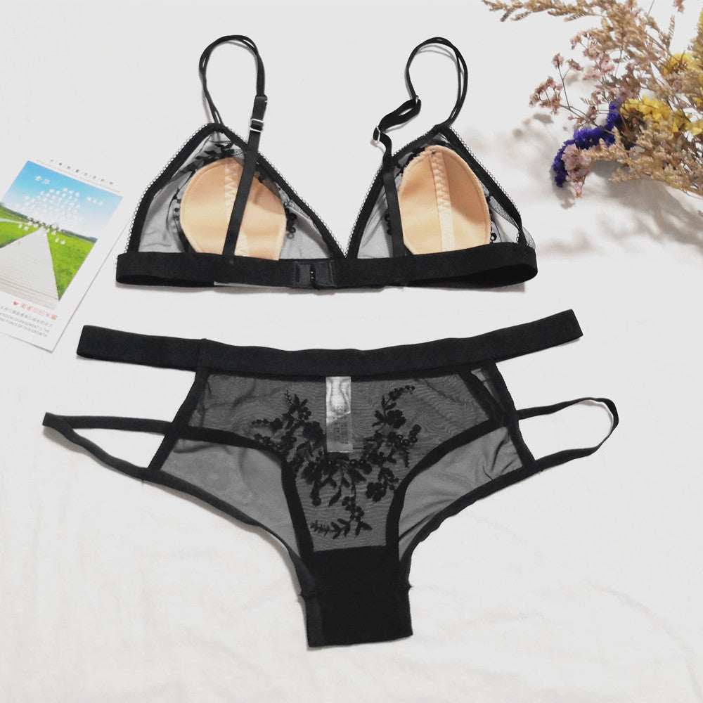 Women's Flocked Embroidered Mesh Bra & Panty Set – Wire-Free Lingerie S–XL