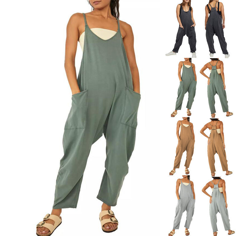 Women's Spaghetti Strap Loose Jumpsuit – Wide Leg Pockets & Zipper S–4XL